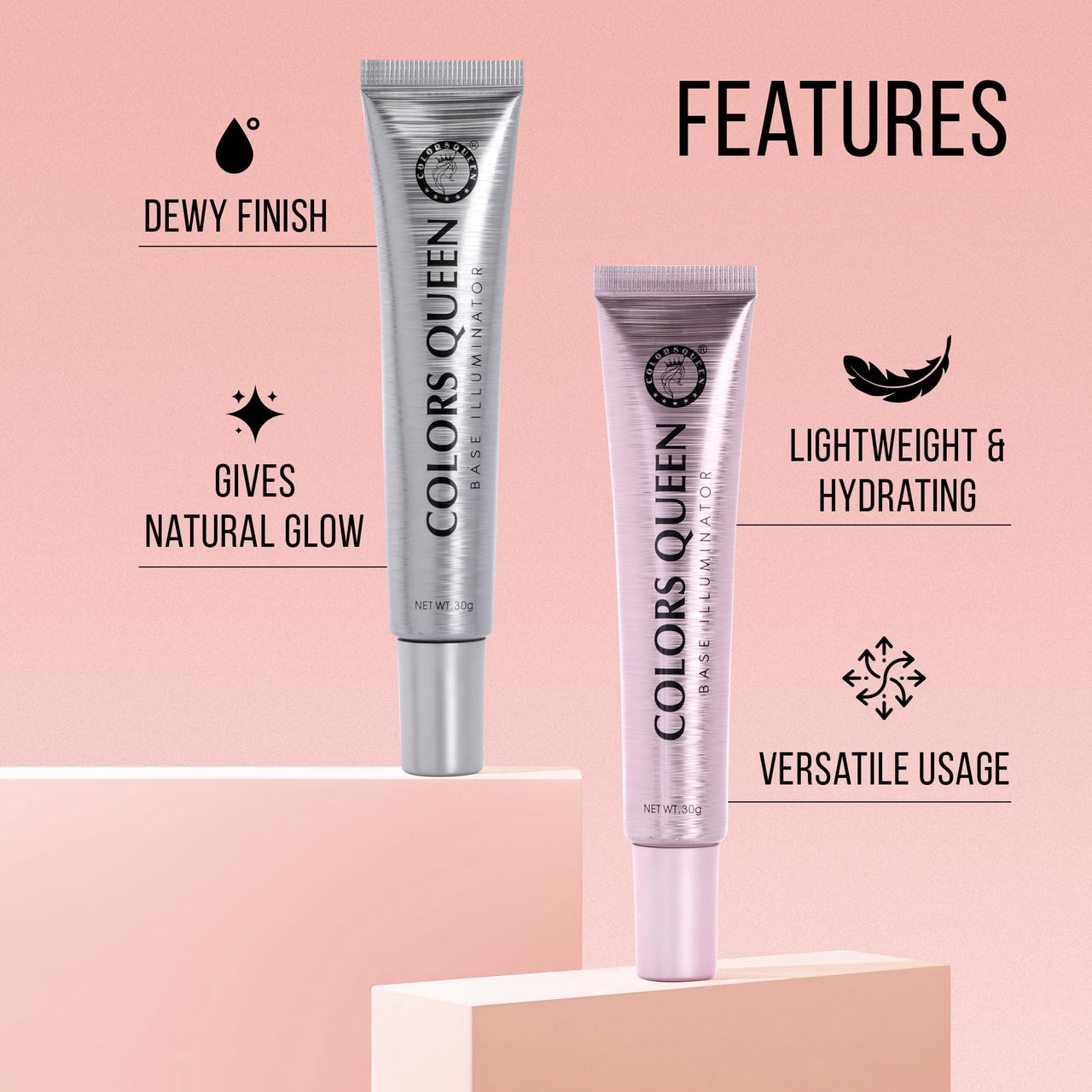 Colors Queen Base Illuminator Highlighter - Silver Pink, 30g | Long Lasting Lightweight Highlighter with Luminous Finish | Liquid Highlighter for Face Makeup Infused with Shea Butter & Niacinamide