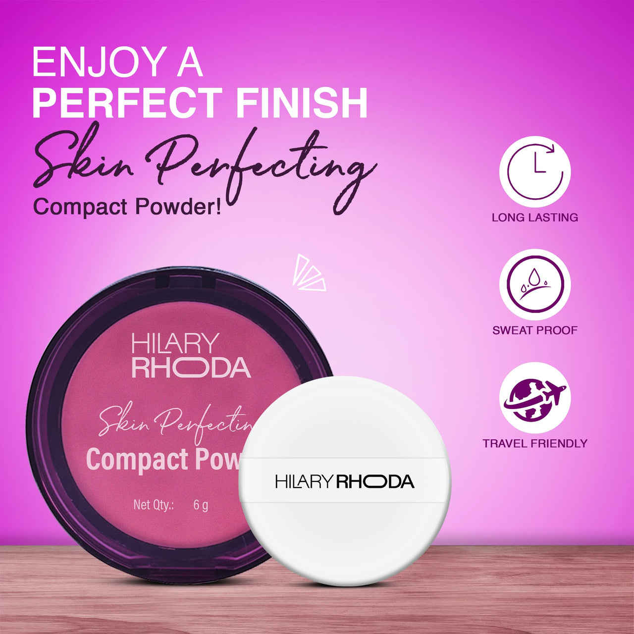 Hilary Rhoda Skin Perfecting Compact Powder | Oil Control & Matte Finish | Buildable Coverage | Blends Easily | Hides Imperfections | 6g (Nude Beige | Shade 04)