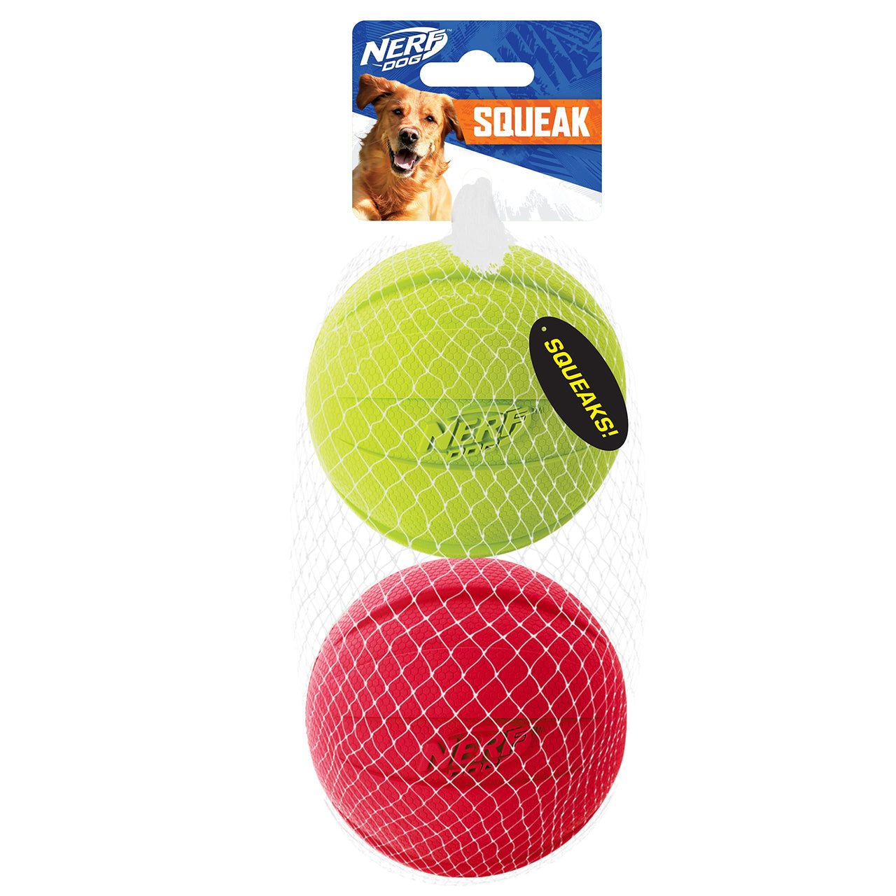 Nerf Dog Classic Ball Dog Toy with Interactive Squeaker, Lightweight, Durable and Water Resistant, 3.8 Inches, for Medium/Large Breeds, Two Pack, Green and Red 2-Pack