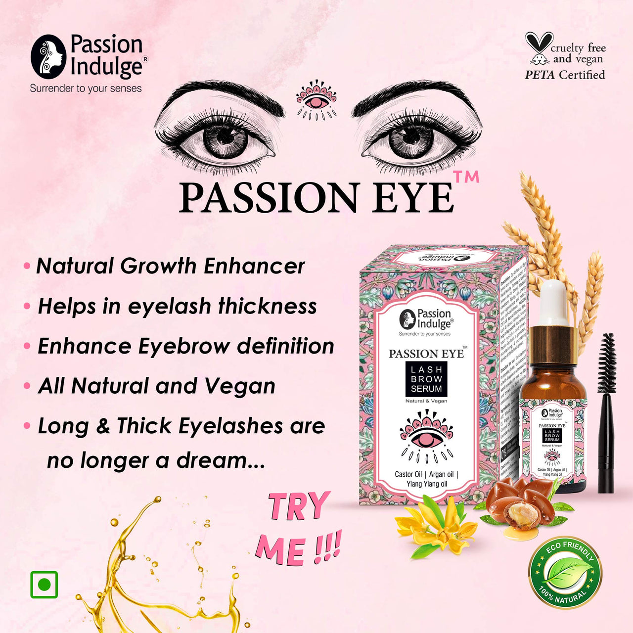 Passion Indulge Eye Lash Oil 10ml | Pearl Light Facial Oil 10ml & Passion Fassion Shimmer Lotion 100ml Beauty Combo Pack for Shine & Glowing Skin | Shimmer Foundation | Eye Brow Serum