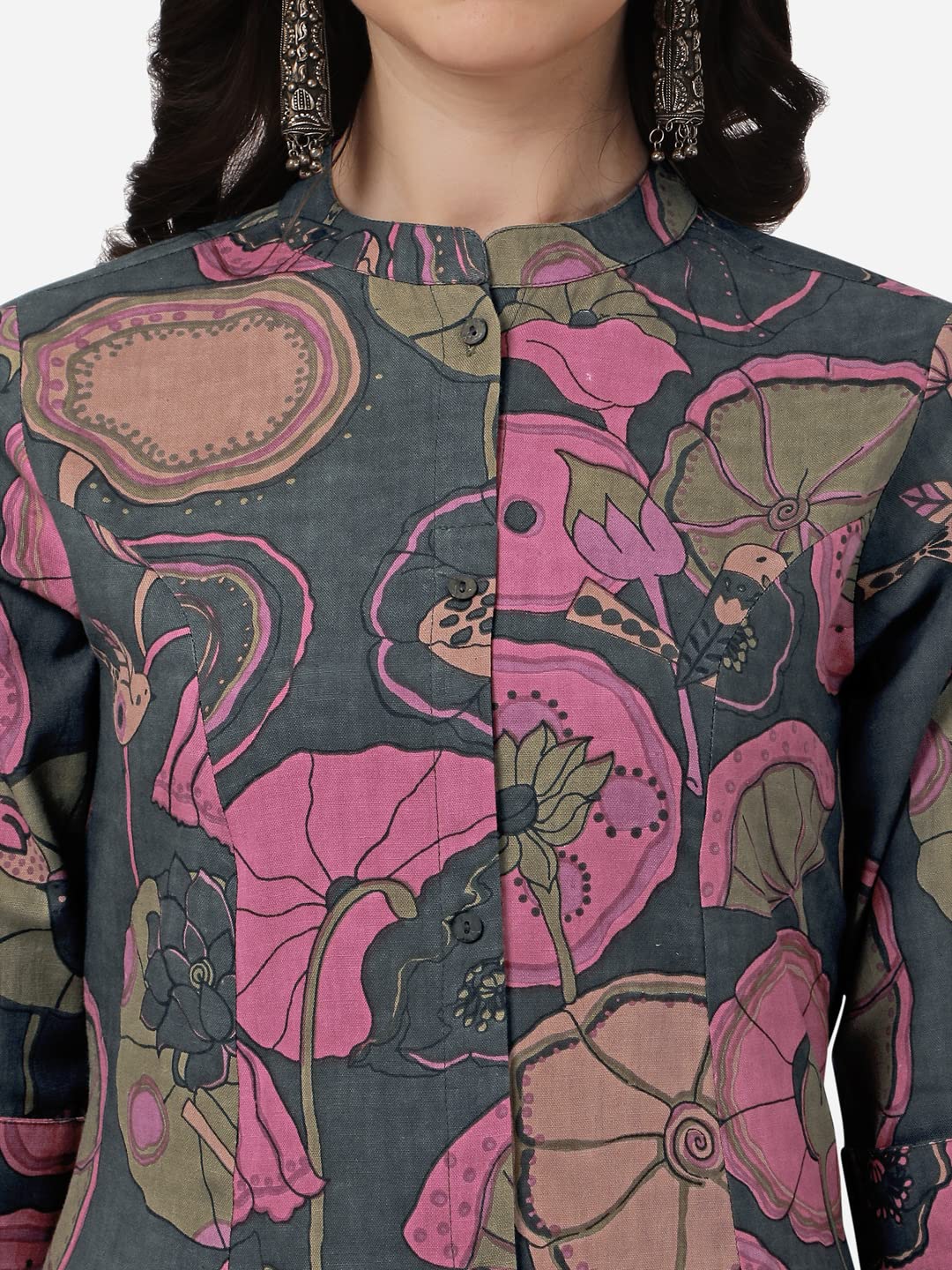 MIRCHI FASHION Women's  Cotton Bagru Printed A-Line Kurta Set with Plazzo Pant L Grey, Pink