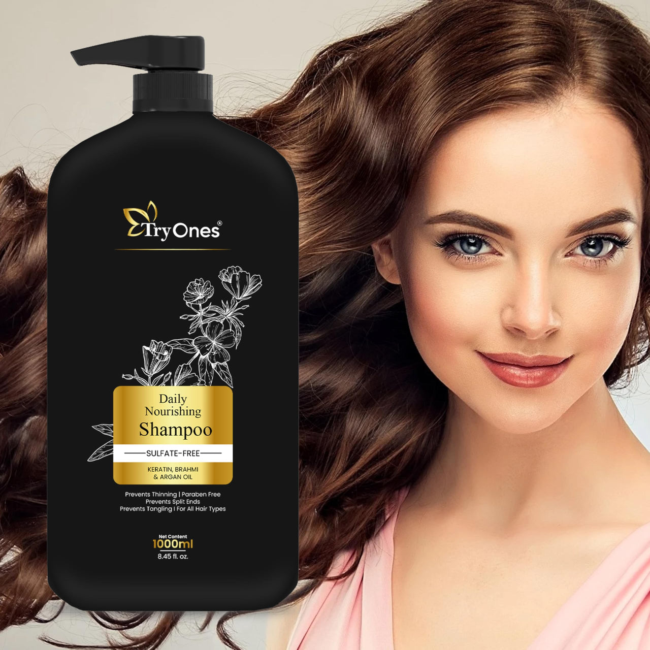 TryOnes Daily Nourishing Sulphate Free Shampoo | Keratin Shampoo with Brahmi & Argan Oil | Sulphate Free, Paraben Free - 1000 ml