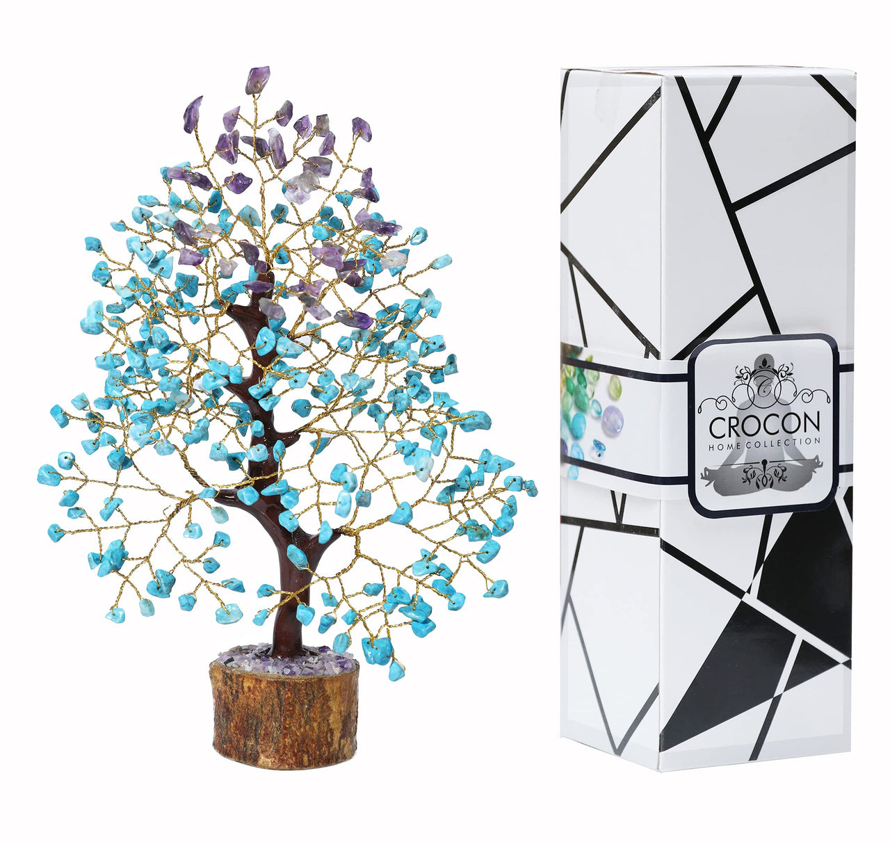 Amethyst & Turquoise Gemstone Tree, Crystal Tree of Life, Feng Shui Bonsai, Money Tree, Healing Tree - Home Decoration, Good Luck Figurine, Gem Tree for Positive Energy, Chakra Tree of Life, Gift Amethyst + Turquoise (Copper Wire)