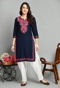 QAZMI Women's  Cotton Straight Embroidered Kurti Black L