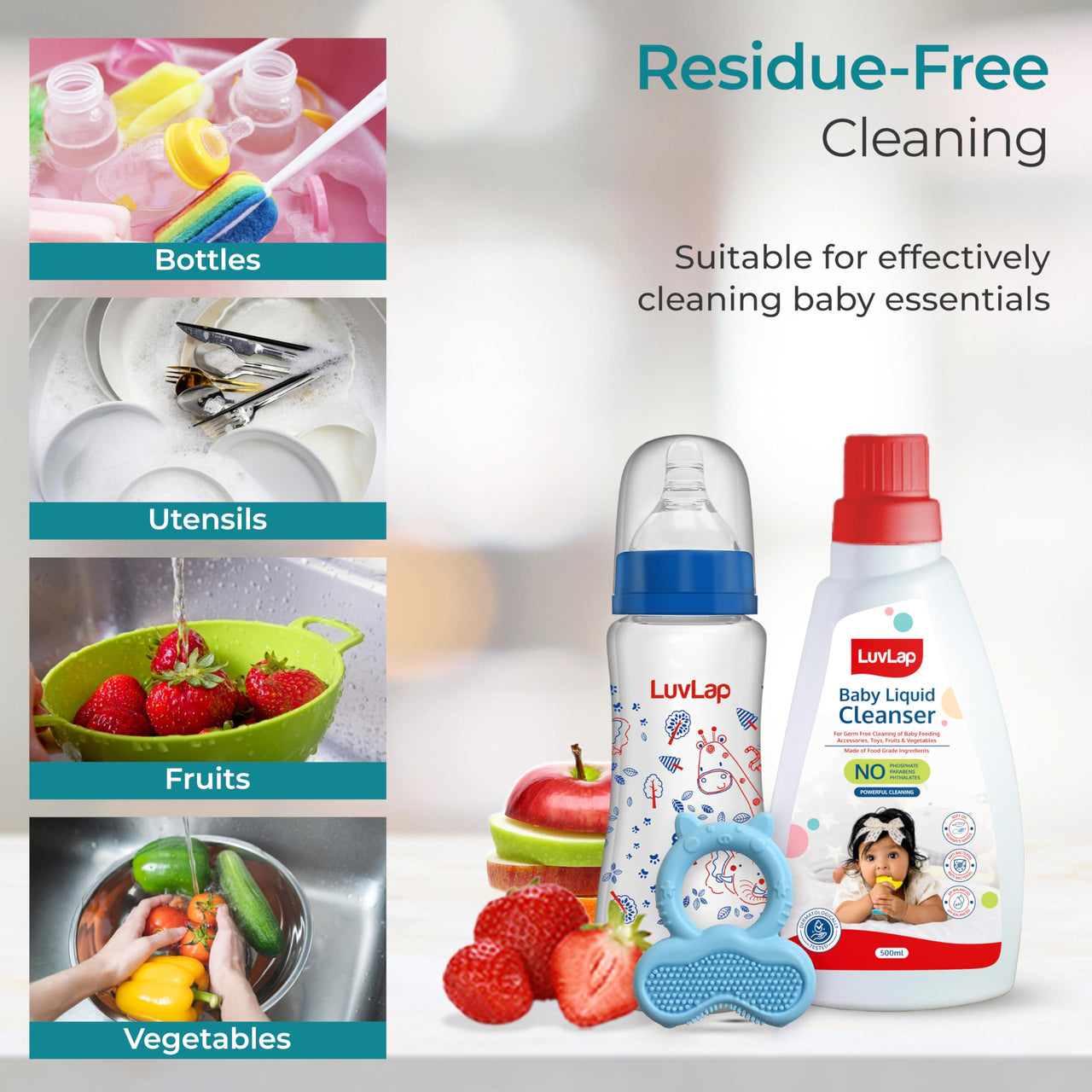 LuvLap Baby Liquid Cleanser 500ml, For cleaning feeding bottle, cutlery, toys, fruits & vegetables, Kills 99.9% Germs, pH Balanced Dermatologically tested formula, No harsh chemicals, Bio-degradable