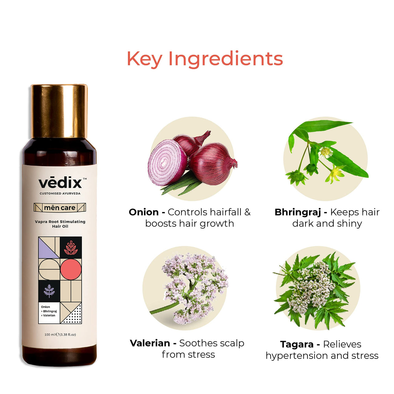Vedix Customized Ayurvedic Men's Hair Oil for Growth - Vapra Root Stimulating Oil With Onion, Bhringraj, Valerian - For Dry Scalp & Wavy Hair - 100ml