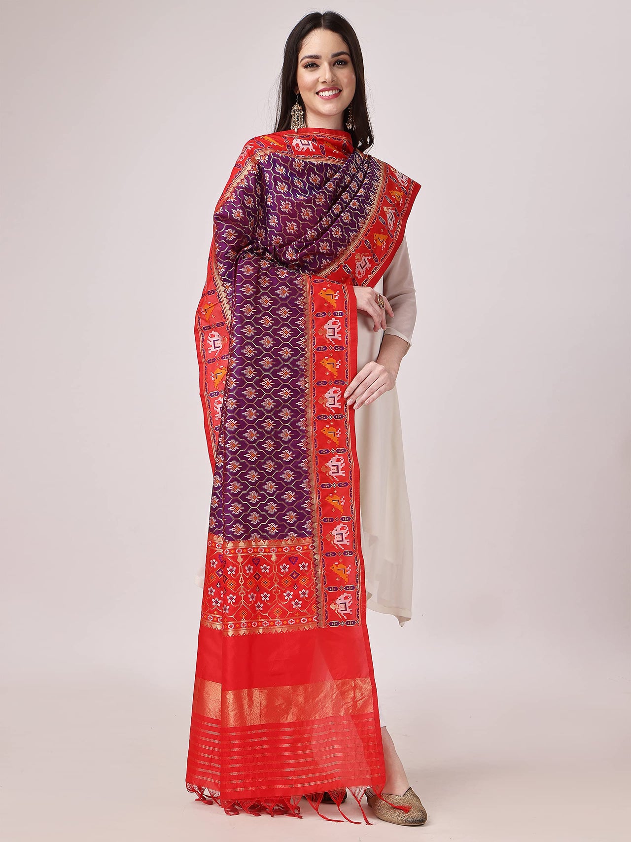 KAPAAHA Women's  Woven Silk Blend Patola Fulwadi Dupatta, Width 45 inch, Length 2.5 meter