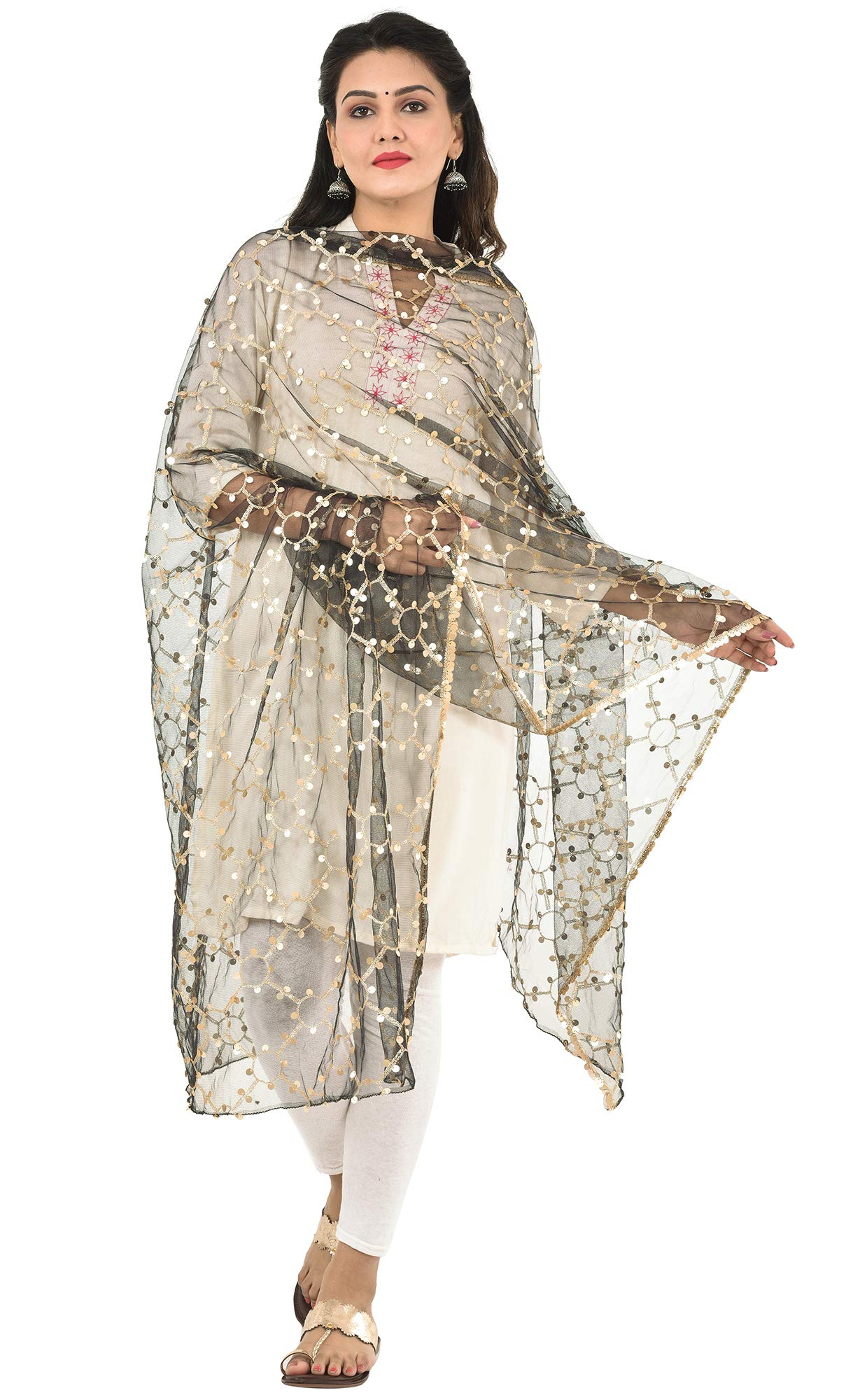 YOUTHQUAKE Heavy Embellished Plastic Mirror Net Dupatta for Womens & Girls