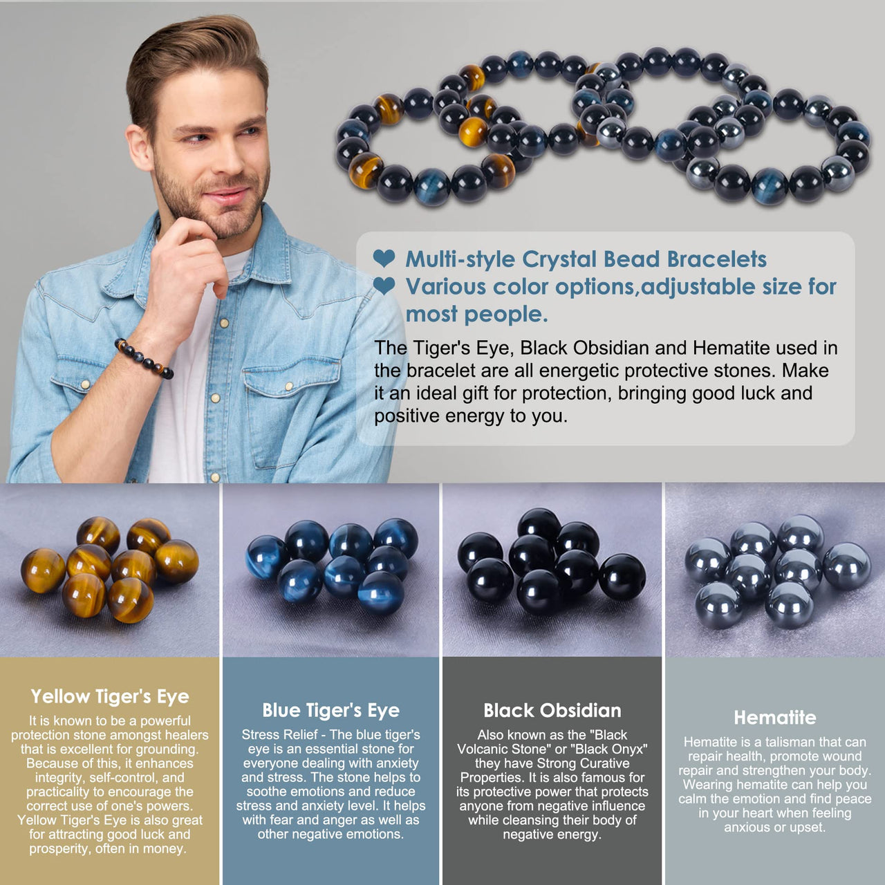 Vicsoon Triple Protection Bracelets for Men Women, 14mm Blue Yellow Tigers Eye Black Obsidian Healing Crystal Jewelry Stone, Handmade Bead Bracelets Bring Luck, Prosperity, and Happiness Blue Yellow Black