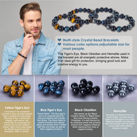 Vicsoon Triple Protection Bracelets for Men Women, 14mm Blue Yellow Tigers Eye Black Obsidian Healing Crystal Jewelry Stone, Handmade Bead Bracelets Bring Luck, Prosperity, and Happiness Blue Yellow Black