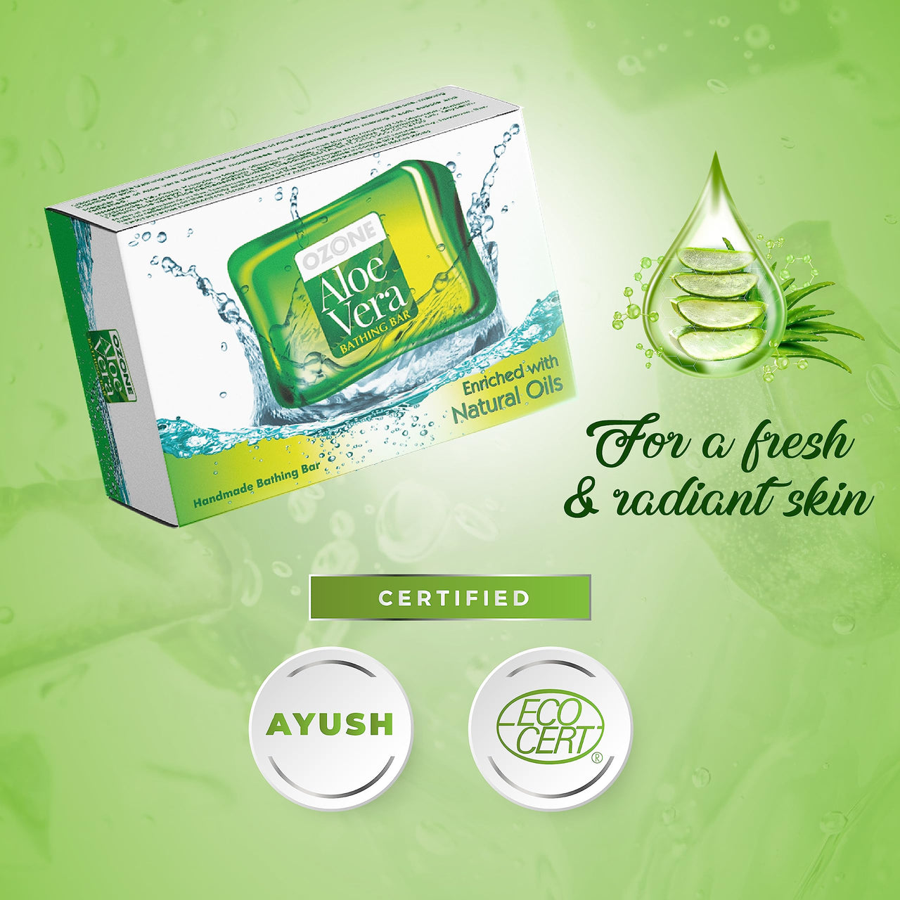 Ozone Ayurvedic Aloe Vera Bathing Bar | Soap For Men & Women | Ideal For Glowing, Nourishing & Moisturizing Skin | Enriched with Aloe Vera Extract and Natural Oils | Paraben Free | 125g (Pack of 6)