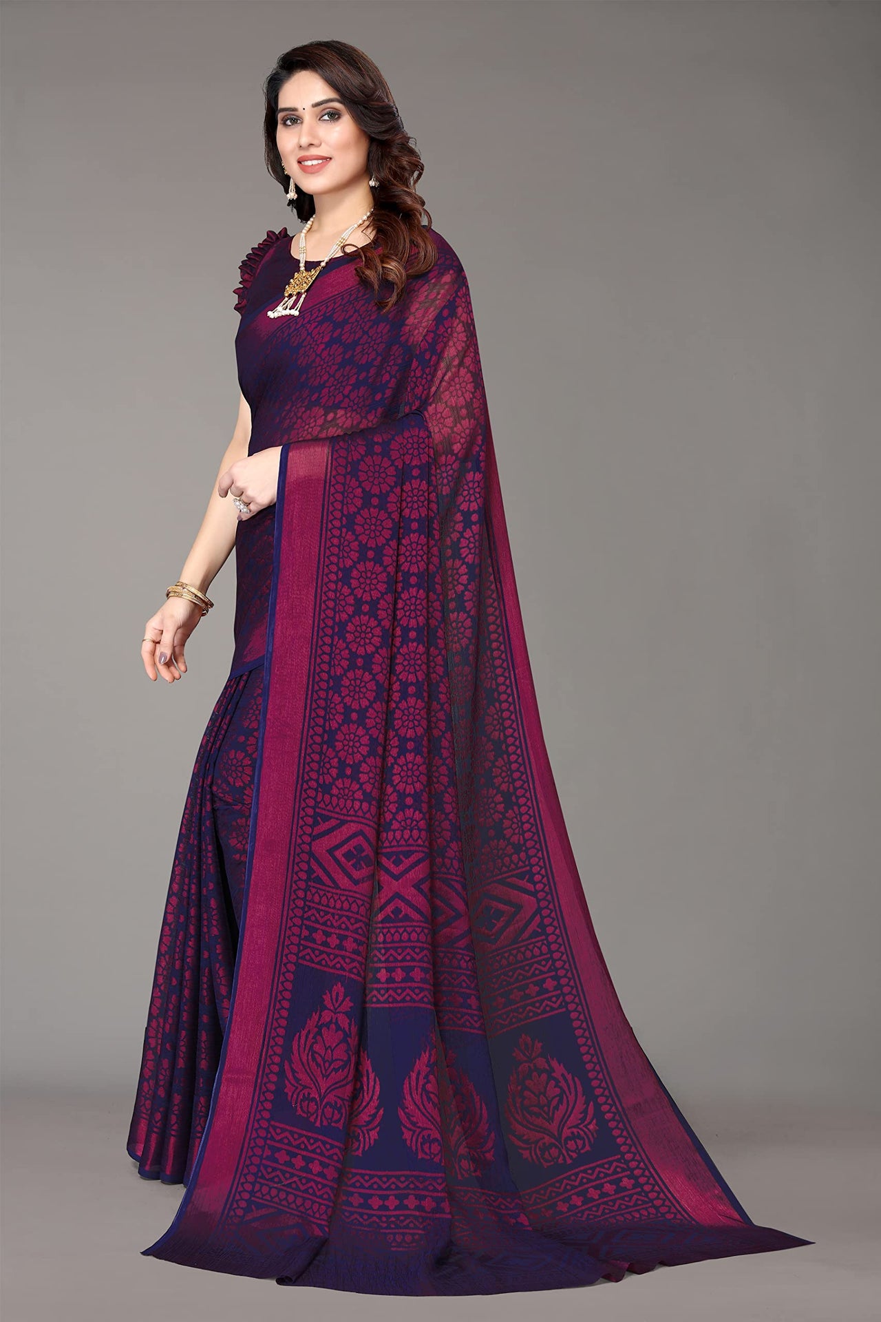 Winza Designer Women's  Chiffon Brasso Printed Saree with Blouse Piece (WDP Brasso Malini W)