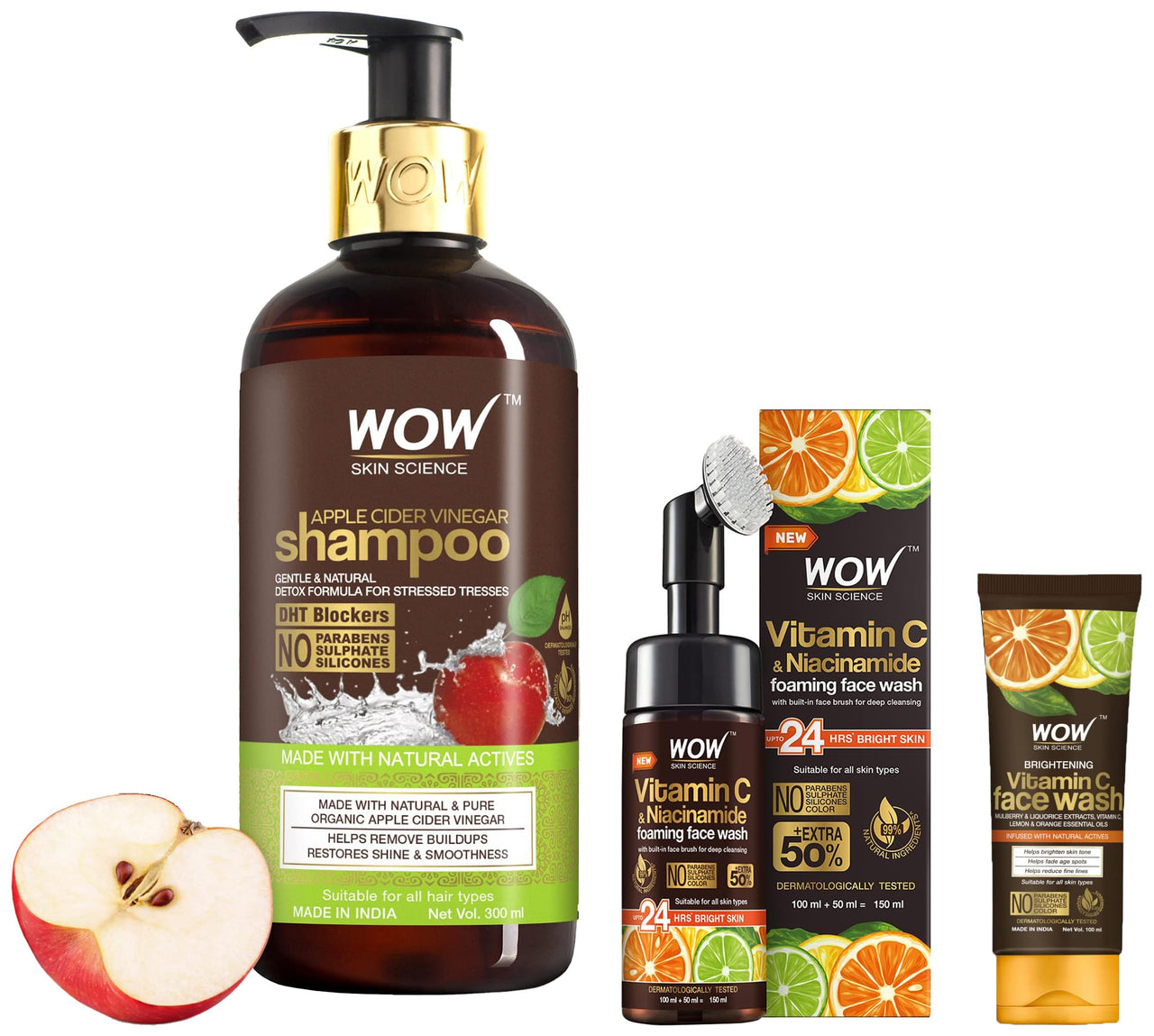 WOW Skin Science Apple Cider Vinegar Shampoo With DHT Blockers & Science Brightening Vitamin C Foaming Face Wash & Science Brightening Vitamin C Face Wash, 3 Count