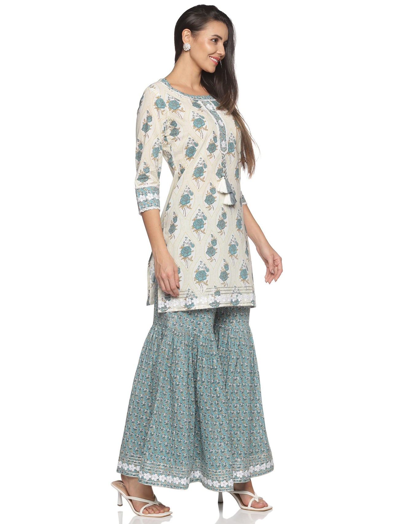RAJMANDIRFABRICS Women's  Cotton Printed Straight Kurta Sharara With Dupatta Set