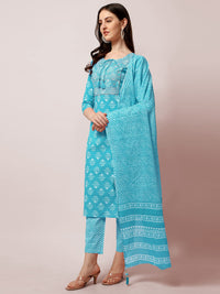 SOURBH Women's  Stylish Straight Fit Cotton Ethnic Block Motif Printed Kurta Set with Trouser Pant and Dupatta