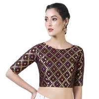 X3 Women's  Brocade Zari Weaving Elbow Length Sleeves Saree Blouse