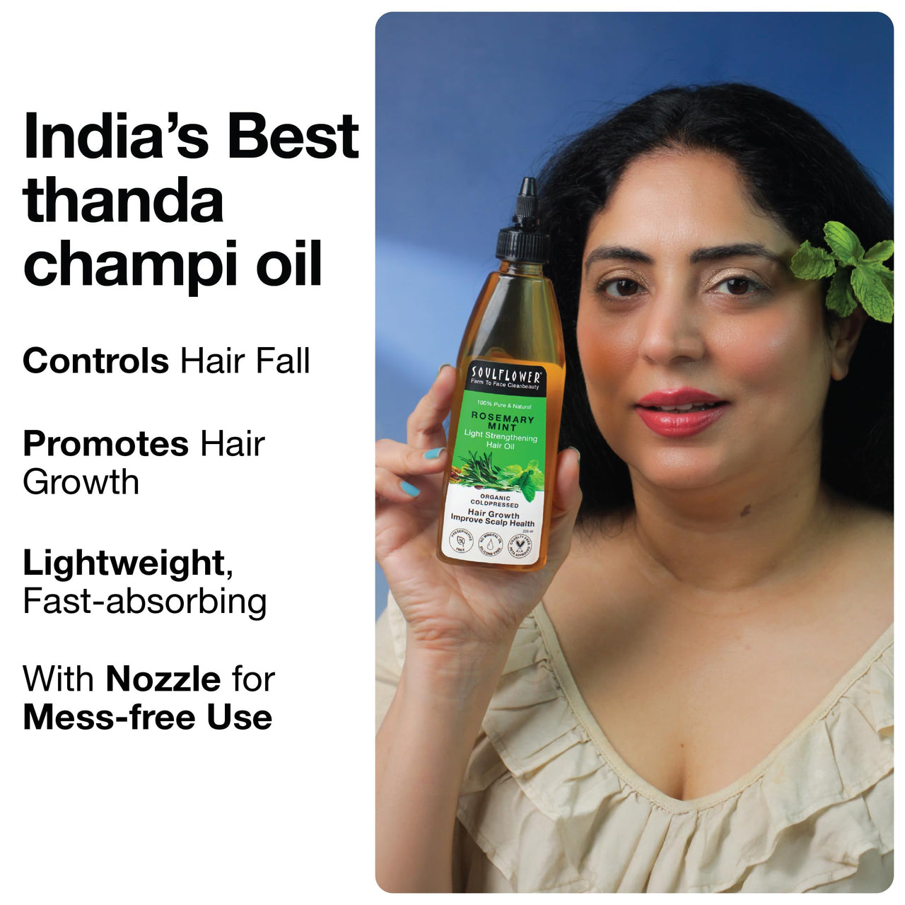 Soulflower Rosemary Mint Light Hair Oil | Hair Growth, Hair Fall Control, Dandruff & Split Ends | With Amla, Argan, Castor | Cooling Scalp Oil for Men & Women | 100% Natural & Organic | 225ml