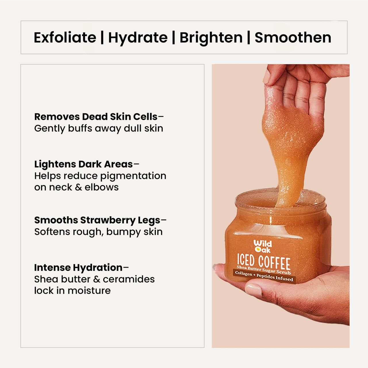 WildOak Iced Coffee Sugar Body Scrub | 300g | Kojic Acid, Hyaluronic Acid, Ceramides, Collagen & Peptides | De-Tan & Brightens Dark Areas | Smooths Strawberry Legs & Arms | Hydrates & Exfoliates