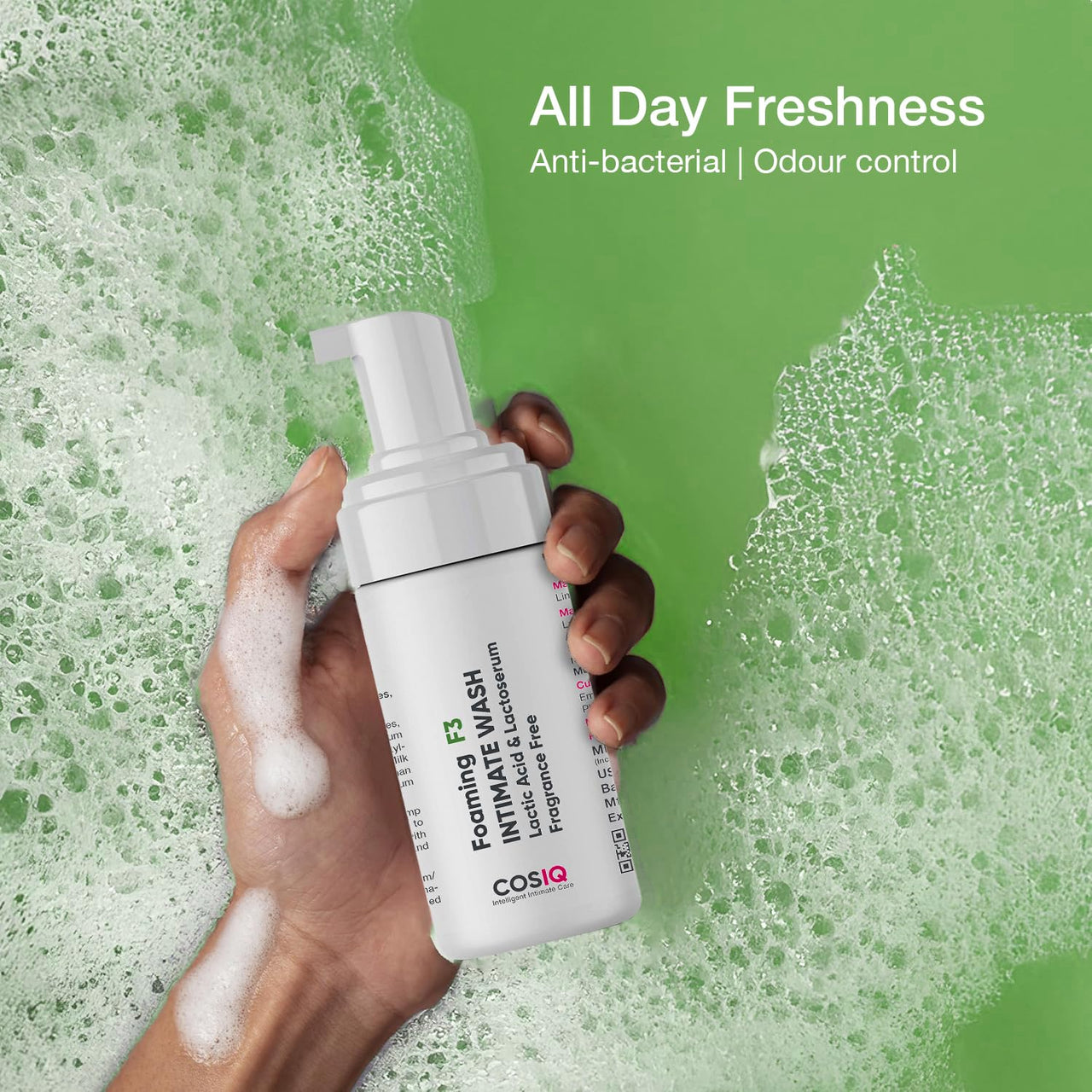 Cos-IQ Foaming F3 Intimate Wash, 100ml | Fragrance-Free Hygiene Wash with Lactic Acid & Lactoserum | Prevents Itching, Irritation & Dryness | Soothes Intimate Skin | Suitable for All Skin Type