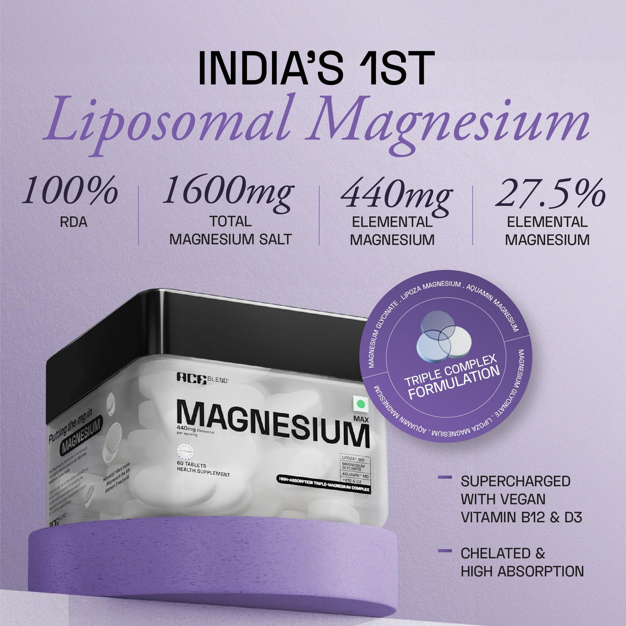 Ace Blend Max Magnesium (120 tablets) | 1600mg Triple Complex | 440mg Elemental Magnesium | Calcium, Vegan Vitamin B12 & D3 | Promotes Deep Sleep, Muscle Recovery & Heart Health