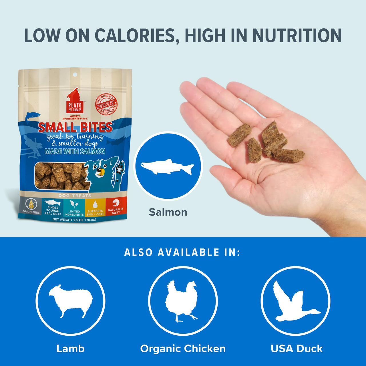 PLATO Small Bites Dog Treats, Natural Bite Sized Real Meat & Salmon Flavor, Grain Free & High in Protein, Air Dried Authentic Ingredients, 2 Calories Per Treat, Made in the USA, 6 Ounces 6 Ounce (Pack of 1)