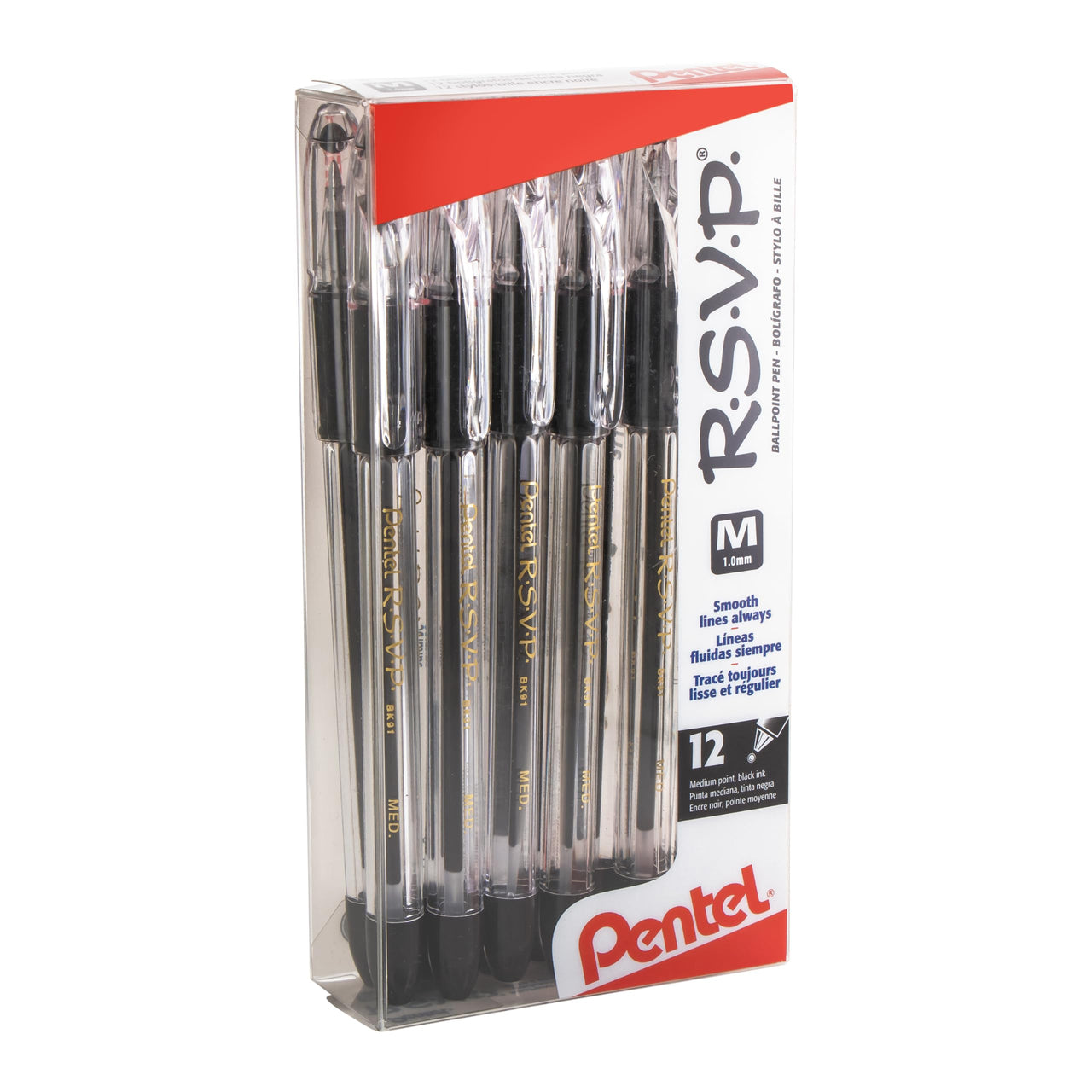 Pentel(R) R.S.V.P.(R) Ballpoint Pens, 1.0 mm, Medium Point, Clear Barrel, Black Ink, Pack Of 12, BK91-A 12 Count (Pack of 1)