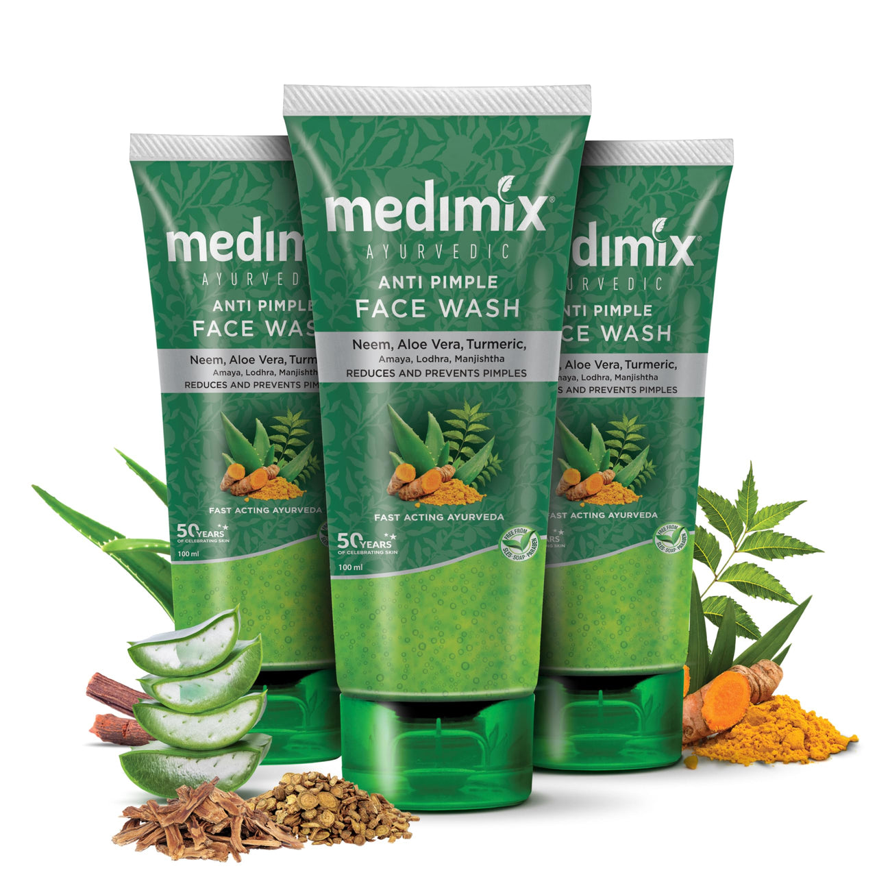 Medimix Ayurvedic Anti Pimple Face Wash 100ml (Combo pack of 3) | With Neem, Aloe Vera, and Turmeric | Helps reduce & prevent pimples | Natural | Herbal | Paraben-free | Soap-free | SLES-Free