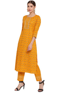 Janasya Women's  Mustard Rayon Straight Kurta with Pant and Dupatta