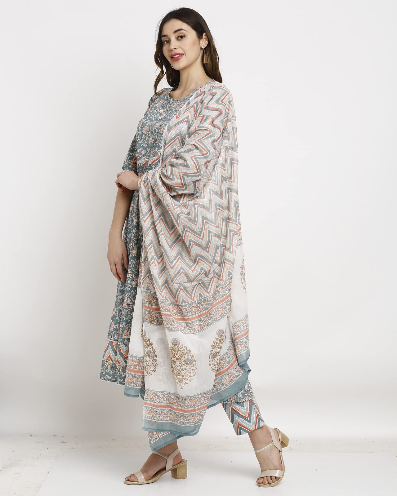 Rajnandini Women's  Multicolor Coloured Pure Cambric Cotton Floral Embroidered Kurta Set With Dupatta