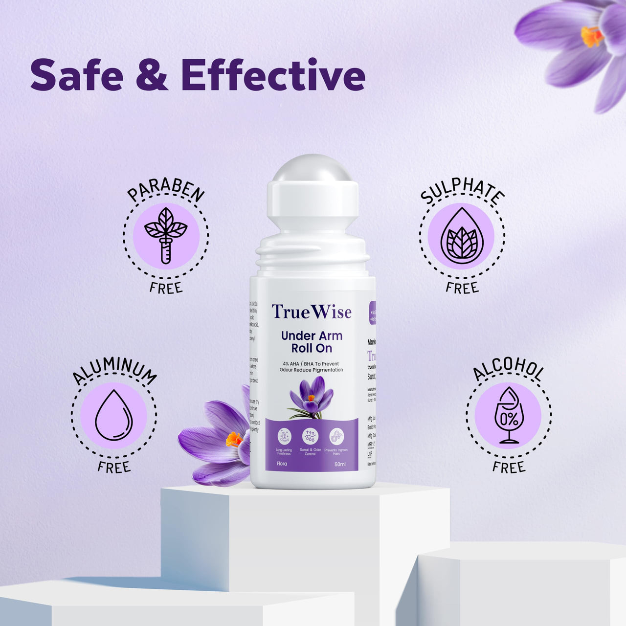 TrueWise® Underarm Roll On 50ml | 4% Aha Bha,2% Lactic Acid, 1% Mandelic Acid, 1% Salicylic Acid | Controls Odour & Reduces Pigmentation | 0% Aluminium & 0% Alcohol | Long Lasting Flora Fragrance (Pack Of 2)