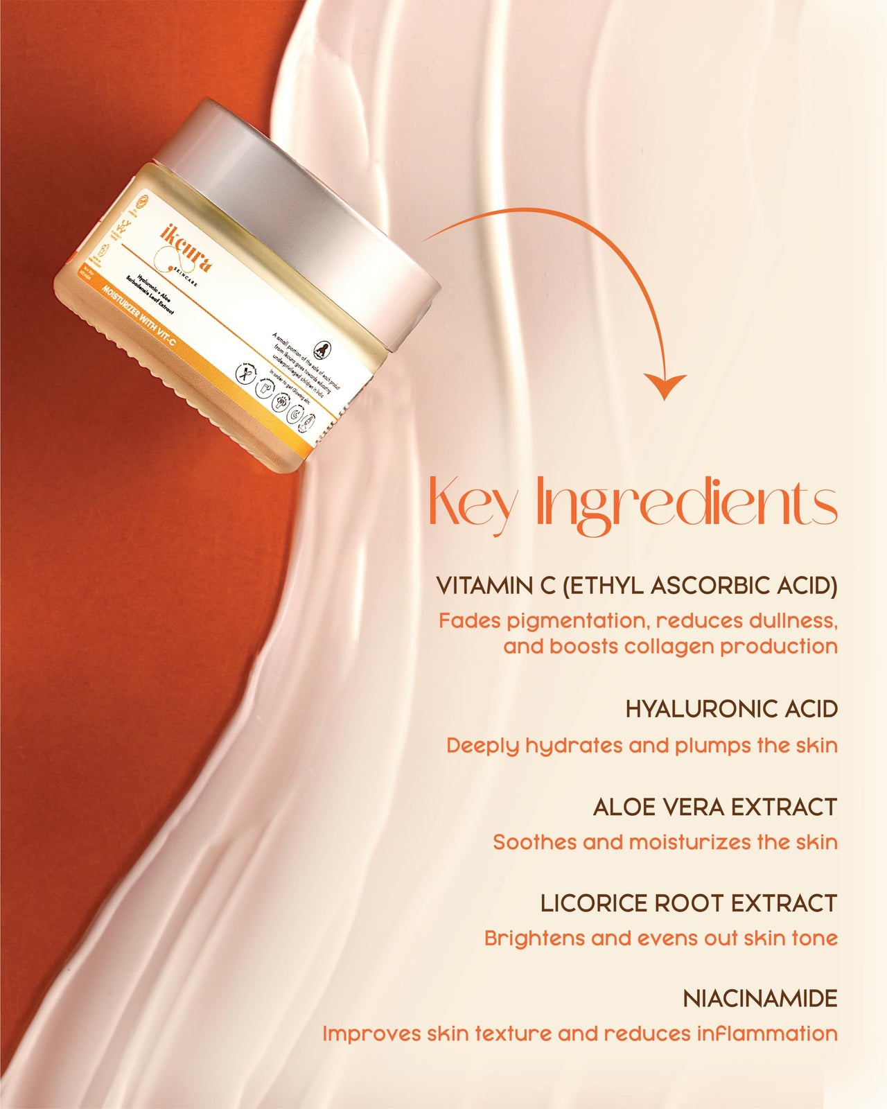 Ikcura Moisturizer with Vitamin C, Hyaluronic, Aloe Barbadensis Leaf Extract | Brightening Skin, Collagen Boosting, Reduces Dullness, Deep Hydrating, Non-Comedogenic & oil free Moisturizer, 50g