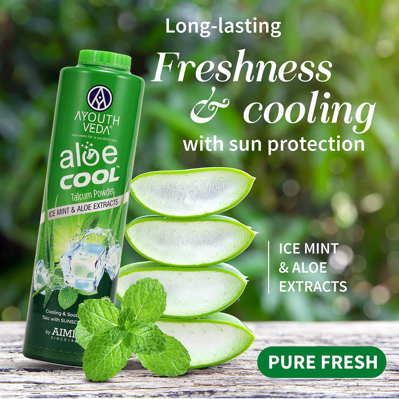 Ayouthveda Aloe Cool Talcum Powder 300gm + 100gm Free with Ice Mint & Aloe Extracts, Cooling & Soothing Talc with Sunscreen