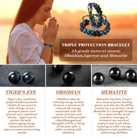 Triple Protection Bracelet - for Protect & Balance - Energy Crystal Bracelets for Men Women - Bring Good Luck & Prosperity - Tiger Eye Hematite & Black Obsidian Jewelry Natural Stone Healing Bracelet