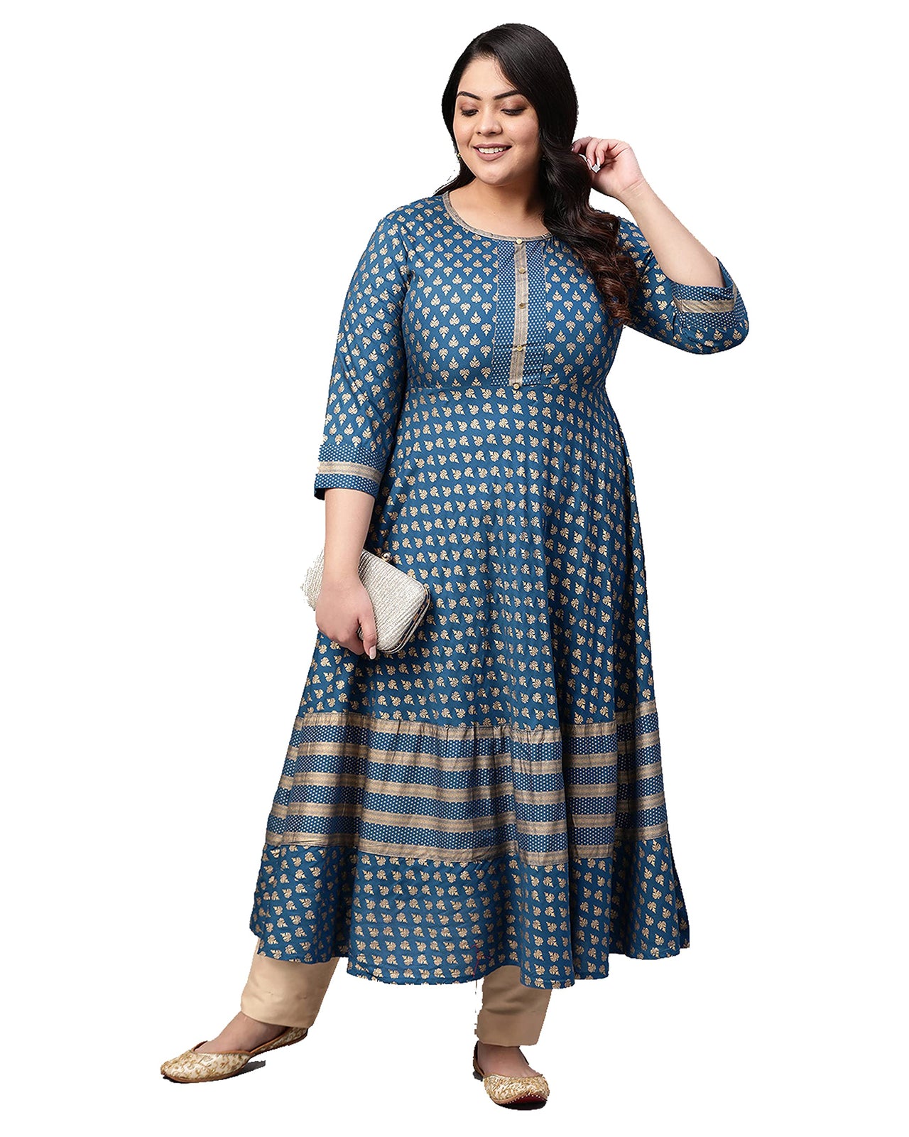 Yash Gallery Women's  Rayon Golden Buti Printed Anarkali Kurta