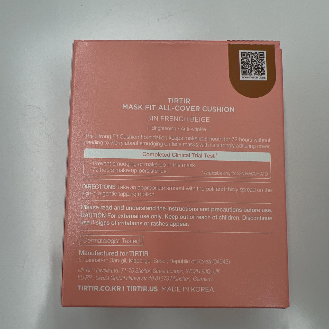 TIRTIR Mask All-Cover Cushion Foundation | Full coverage, Skin fit, Satin Glow Finish | Korean Cushion Foundation #31N FRENCH BEIGE | 18g