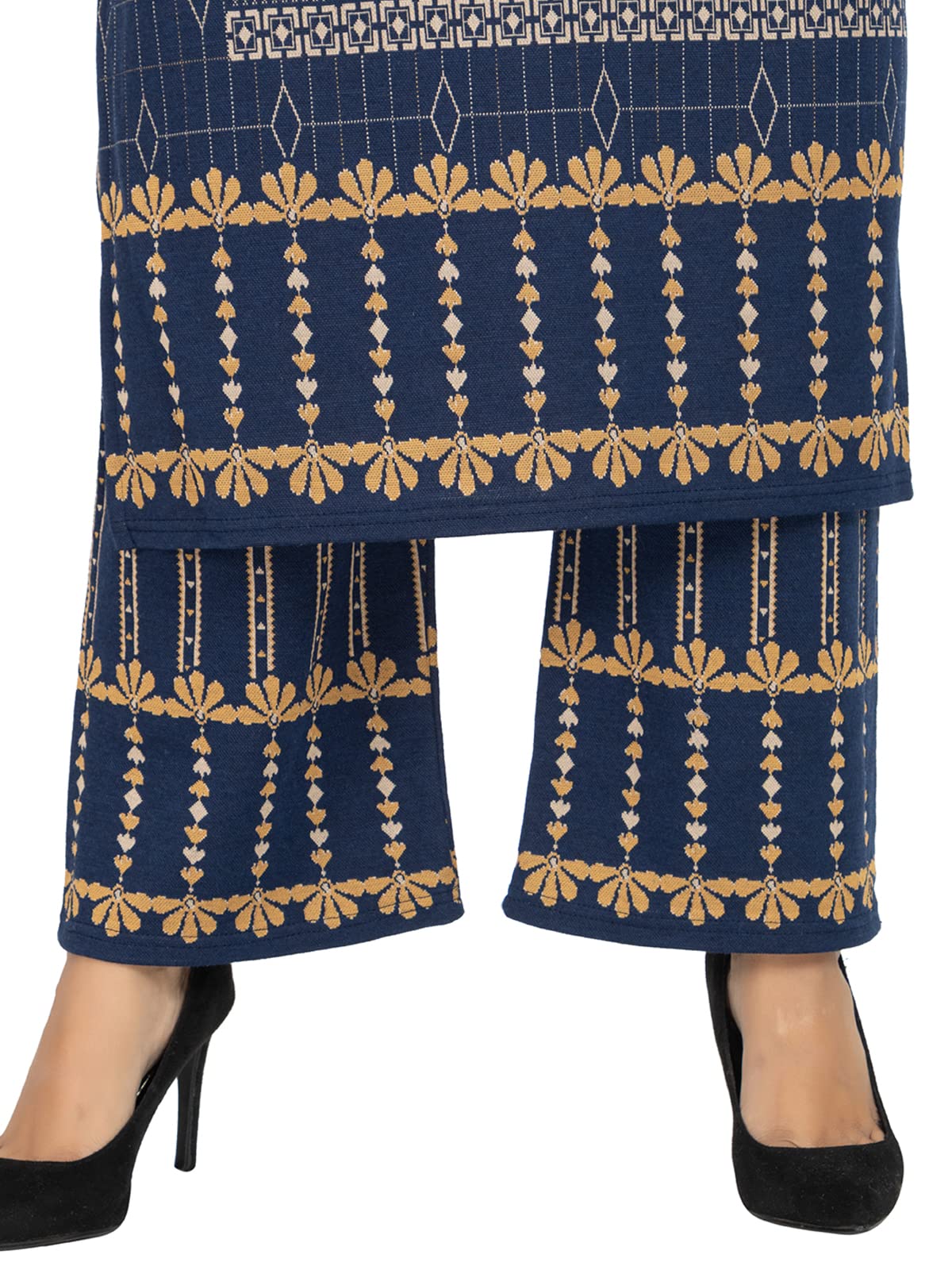 Rosary Women's  Woolen Winter Wear Mandarin Neck Full Sleeve Two Side Pocket Straight Kurta with Palazzo & Stole Set of 3 pc M Navy