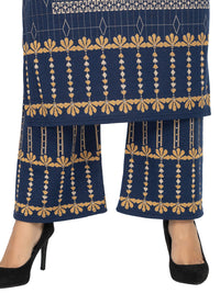 Rosary Women's  Woolen Winter Wear Mandarin Neck Full Sleeve Two Side Pocket Straight Kurta with Palazzo & Stole Set of 3 pc M Navy