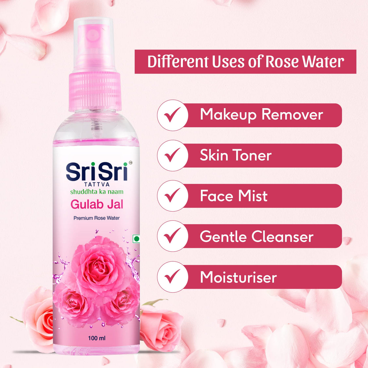 Sri Sri TATTVA shuddhta ka naam Gulab Jal Spray, 100ml (Pack of 6) - Pure Rose Water Mist for Hydrated, Glowing Skin - Premium Toner & Cleanser for Soft, Smooth Skin