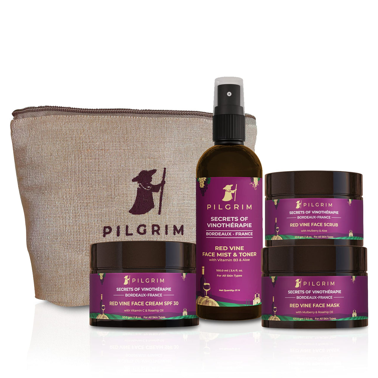 Pilgrim Red Vine At-home Facial Kit with Eco-friendly Jute Bag | Instant Glow | Set of 4: Face Toner ,Face Scrub ,Face Cream, Face Mask | Vegan | Cruelty Free | Skincare