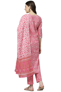 Janasya Women's  Pink Cotton Kurta with Pant and Dupatta