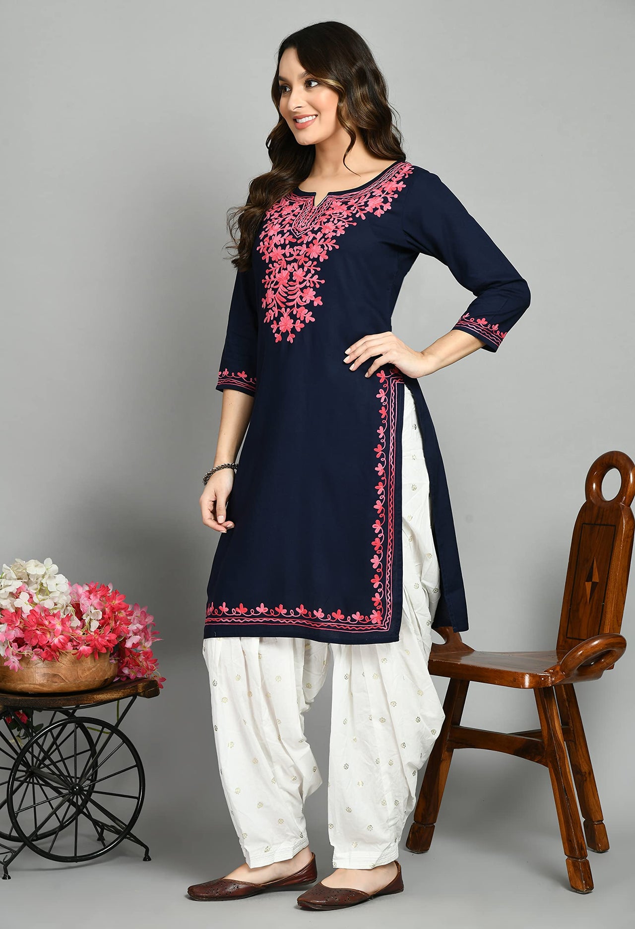 QAZMI Women's  Cotton Straight Embroidered Kurti Black L
