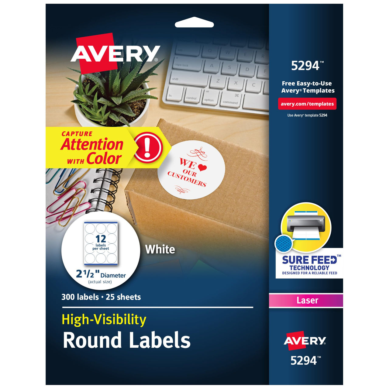 Avery High Visibility Printable Round Labels with Sure Feed, 2.5" Diameter, White, 300 Customizable Blank Labels Total (5294) 300 labels