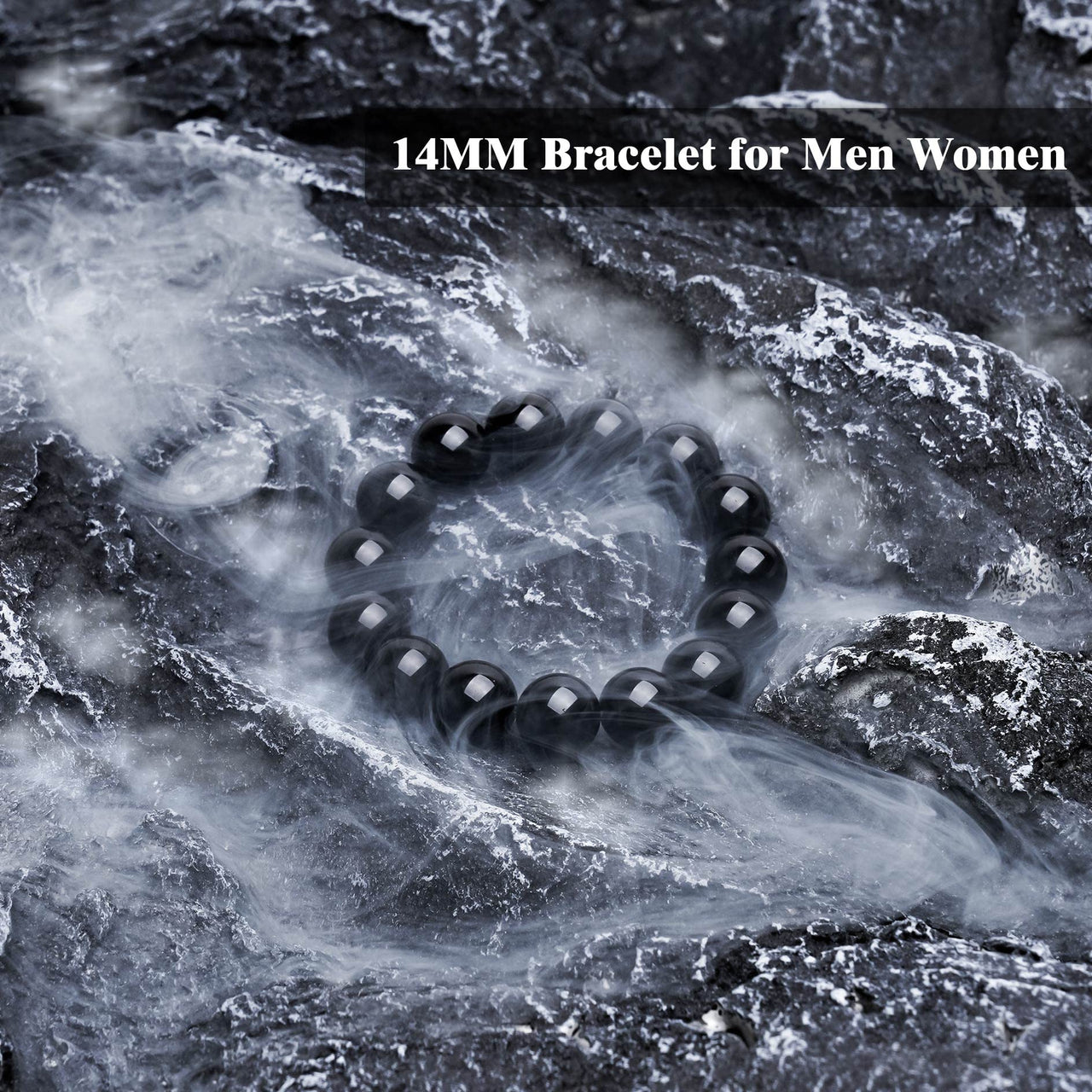 Vicsoon Handmade Bracelets, 14mm Natural Black Obsidian Protection Bracelet for Men Women, Healing Bracelet Beads Bring Luck,Prosperity and Happiness, Crystal Jewelry Stretch Stone Bracelets for Gift