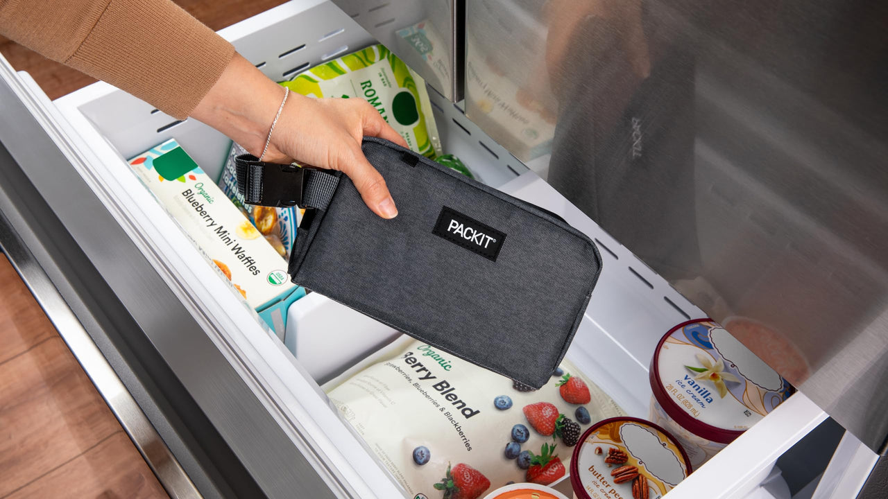 PackIt Freezable Snack Box, City Charcoal, Built with EcoFreeze Technology, Collapsible, Reusable, Zip Closure with Buckle Handle, For Work Snacks, Fresh Snacks On the Go, Adults, and All Ages