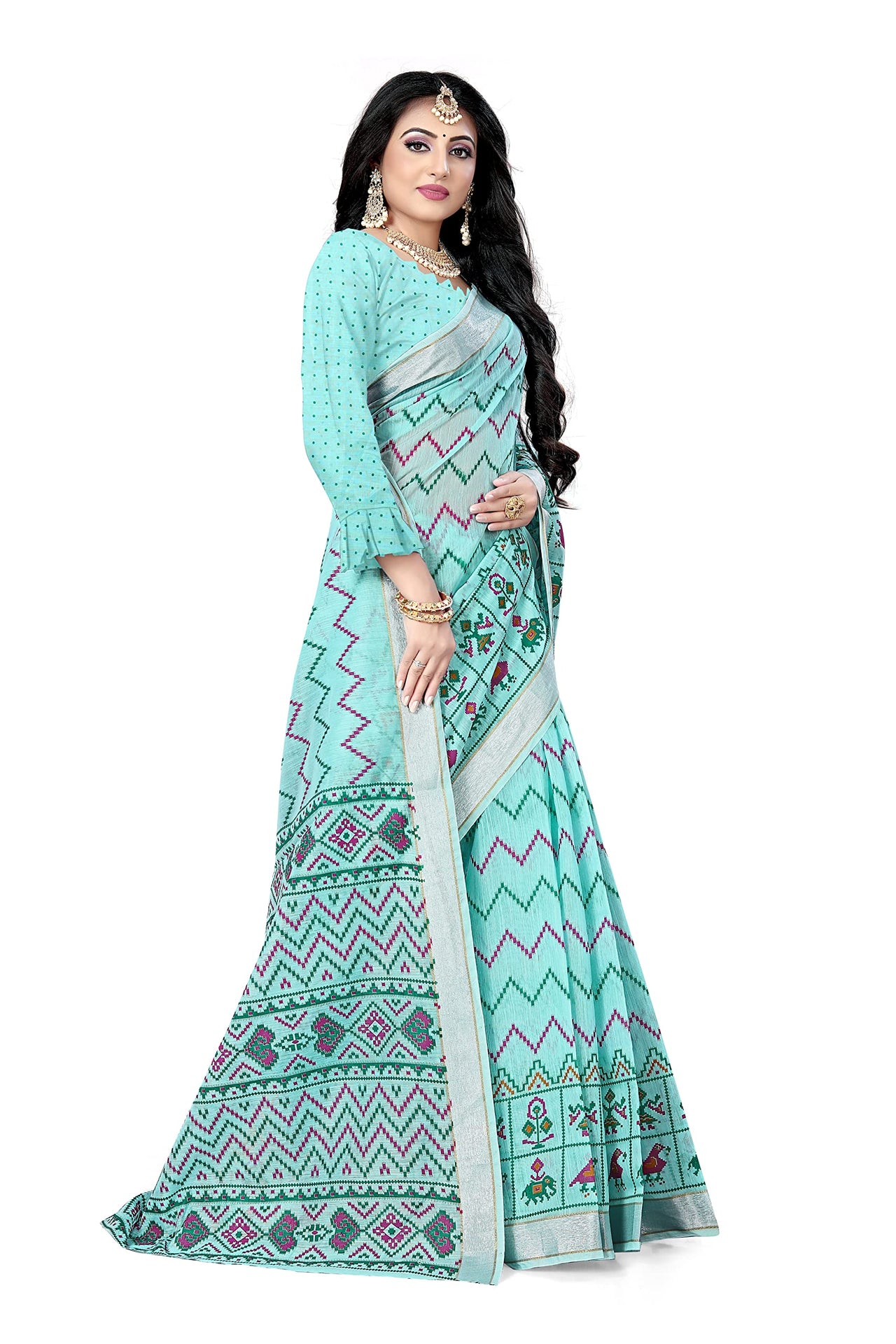 DHRUVI TRENDZ Women's  Cotton Silk Printed Banarasi Patola Silk Blend saree women with Blouse Piece (Orange)