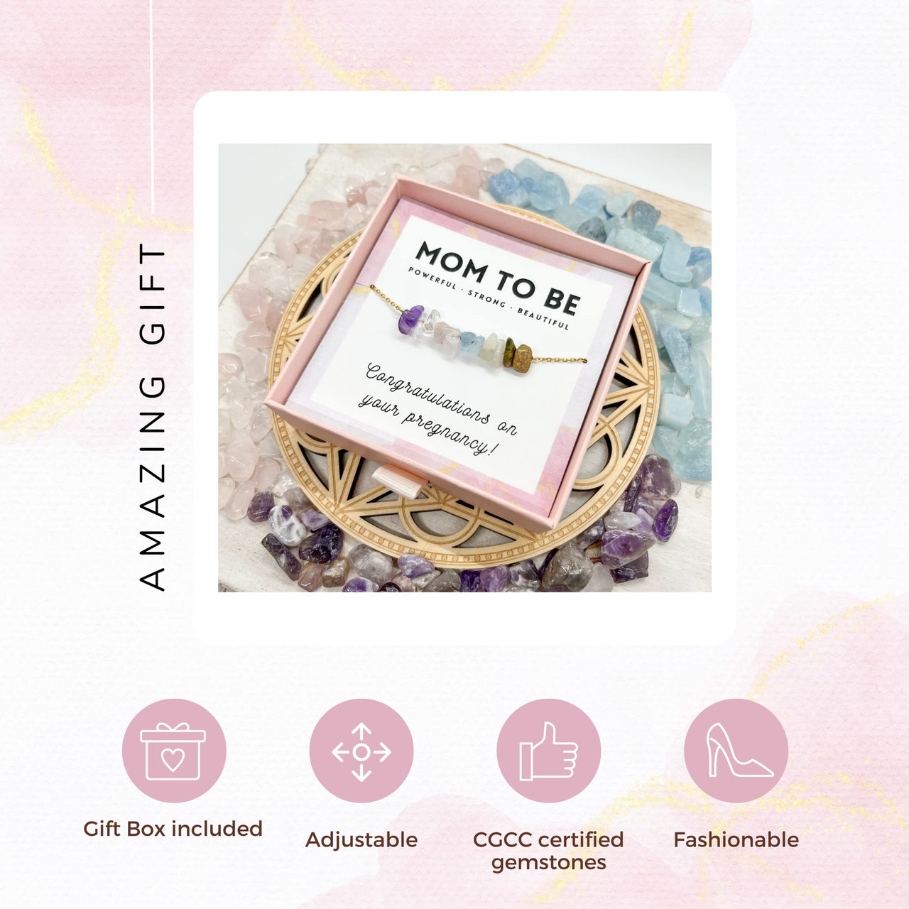 Mother’s Ray Pregnancy Crystal Necklace – 18k Gold-Plated Mom Necklace for Mothers To Be – Healing Crystal Necklace with Amethyst, Rose Quartz, Moonstone – Pregnancy New Mom Gifts for Women