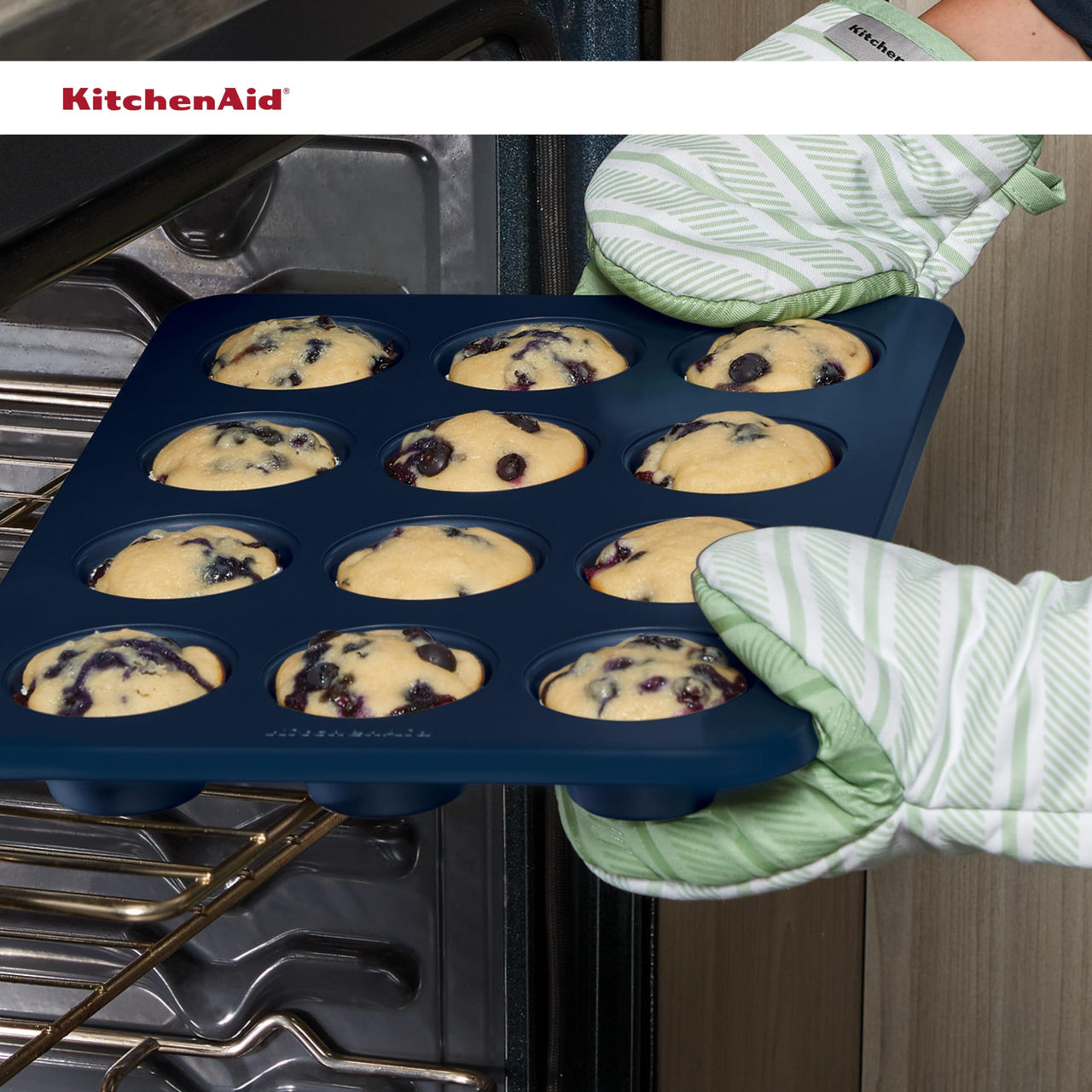 KitchenAid 12-Cup Nonstick Swiss Engineered Aluminized Steel Muffin Pan, Dishwasher Safe, Ink Blue 12 Cup