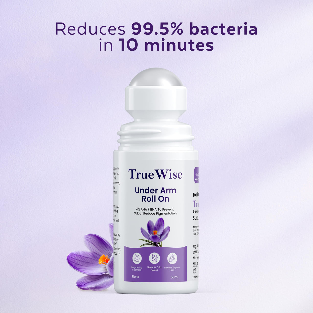 TrueWise® Underarm Roll On 50ml | 4% Aha Bha,2% Lactic Acid, 1% Mandelic Acid, 1% Salicylic Acid | Controls Odour & Reduces Pigmentation | 0% Aluminium & 0% Alcohol | Long Lasting Flora Fragrance (Pack Of 2)