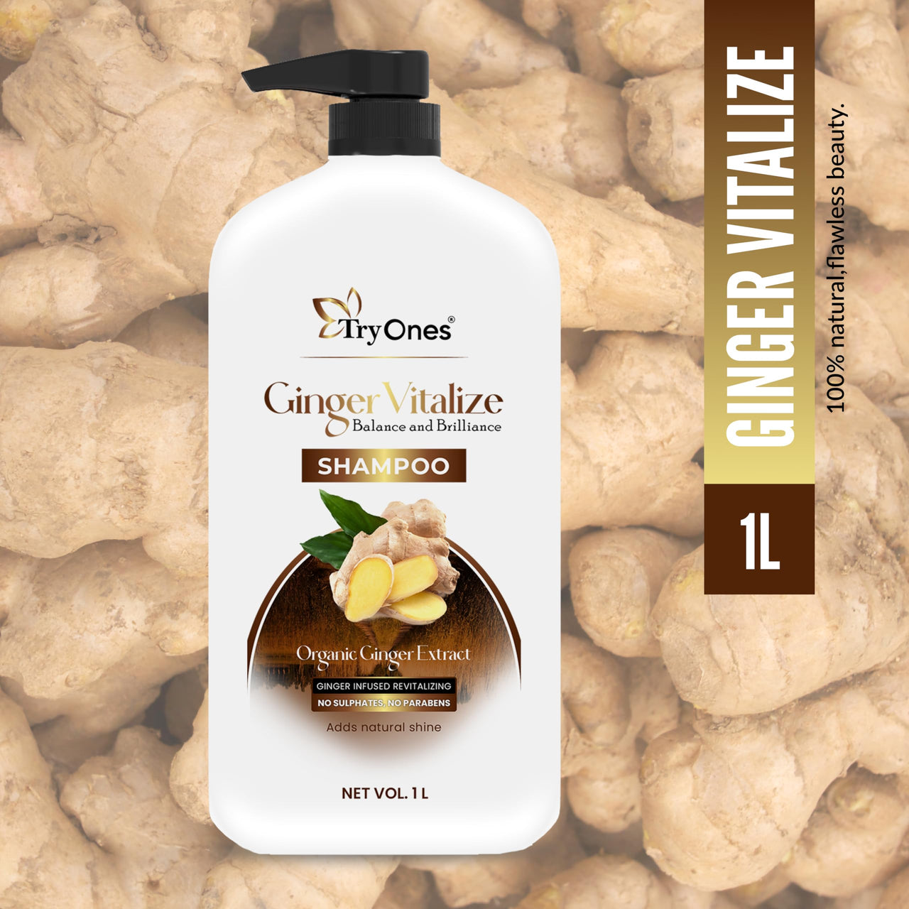 TryOnes Ginger Vitalize Shampoo | Balance and Brilliance With Pure Ginger Extracts | Dandruff & Hair Fall Control Treatment | Paraben Free_1000 ml