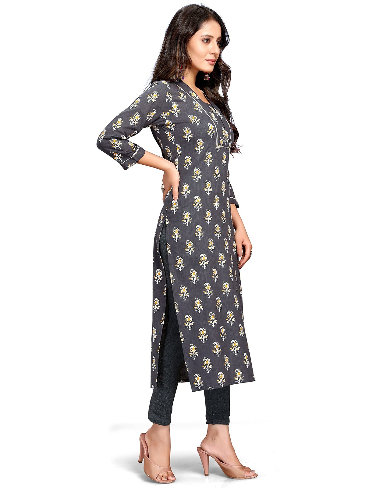 Rajnandini Women's  Grey Coloured Pure Cambric Cotton Jaipuri Printed Kurti